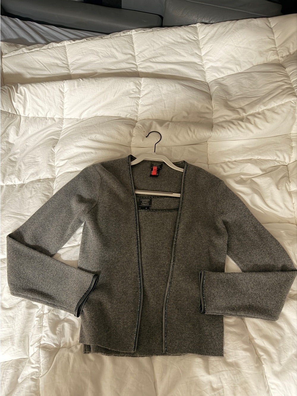 Carmen Marc Valvo Cashmere Gray Sweater Set, sparkling beaded accents, EUC,